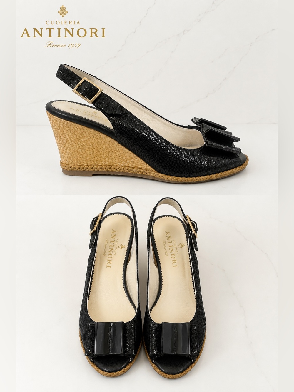 Cuoieria Antinori Black Raffia Wedge Slingback Sandals | Patent Bow | EU 38